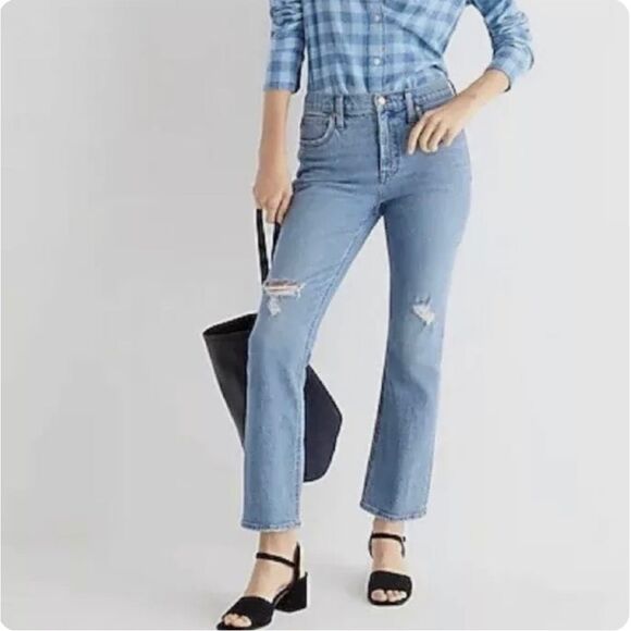 J.Crew 9” Billie Demi Boot Crop Blue Denim Jeans Boot Cut Cropped Distressed 32 - Picture 1 of 16